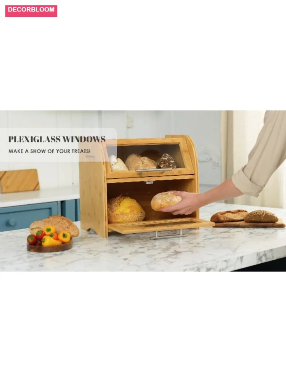 Extra Large 2 Shelf Bamboo Bread Box for Kitchen Countertop, Ventilated with